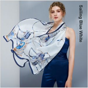 women silk scarf shawls in sailing blue white, custom printed silk scarves