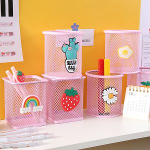 wire mesh pencil holders in pink, wire pen holder cups for students