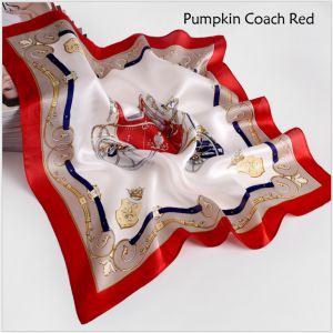 small square scarves in pumpkin coach red, custom printed silk scarves