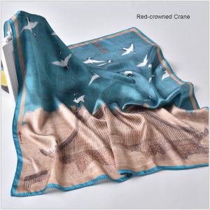square silk scarves in red-crowned crane, custom silk scarves