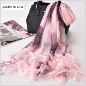 women silk scarves in swallow ink lotus, custom printed scarves