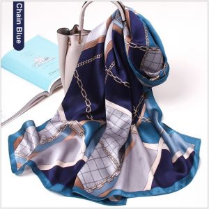 womens silk scarf shawls in chain blue, custom printed scarves