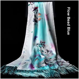 womens silk scarves shawls with top-end fringe in Flow Bead Blue